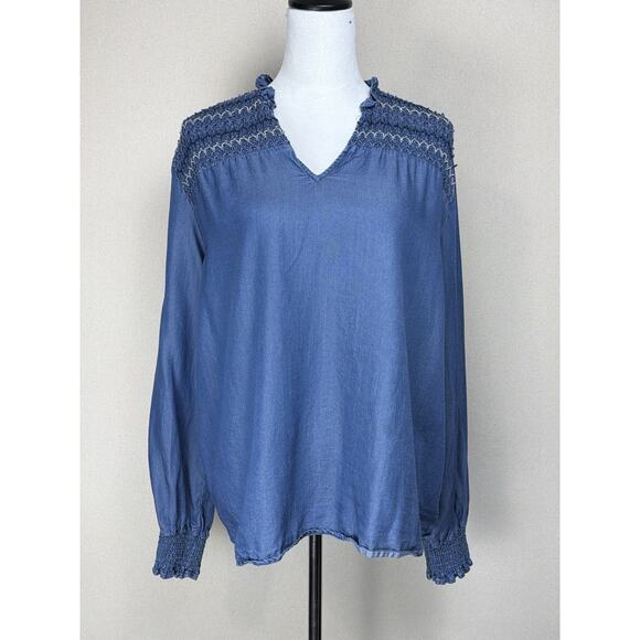 Calligraphie Women’s Blouse Top Blue Pinch Pleated Shoulders Long Sleeve Sz XL - Picture 1 of 14